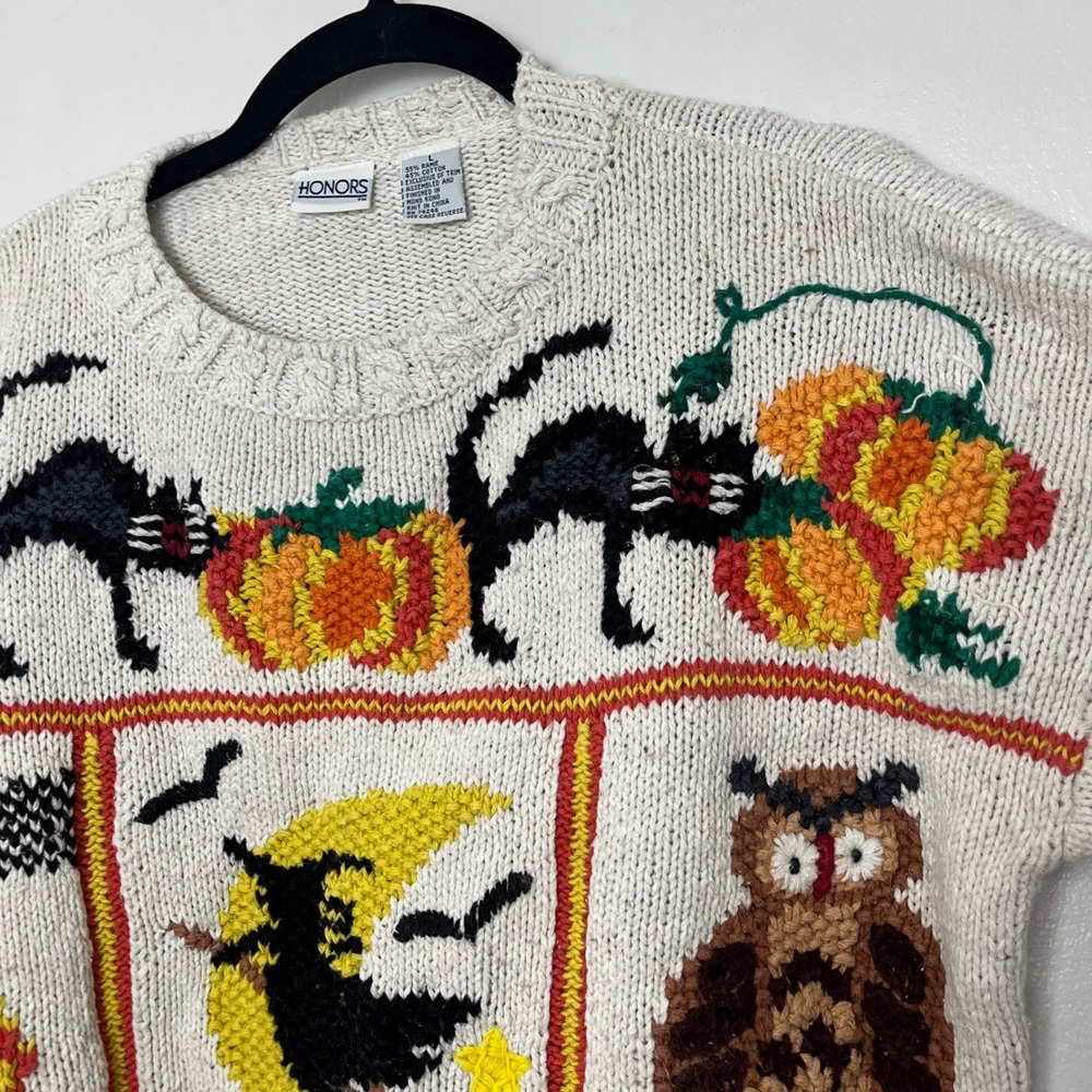 Vintage 90s Halloween Black Cats Pumpkins Witch Owl Chunky‎ Sweater Womens L - Picture 7 of 12